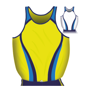 Canotta gara Uomo da Running traspirante Hi-Performance. Disegno A240 colore Giallo-Blu-Azzurro e in miniatura Bianco-Blu-Azzurro.