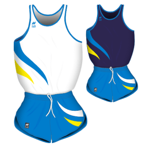 Completi gara Uomo da Running, traspiranti Hi-Performance. Articolo A213+A313Plus colore Bianco-Azzurro-Giallo e Blu-Azzurro-Giallo.