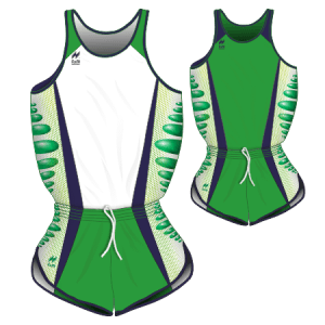 Completi gara Uomo da Running, traspiranti Hi-Performance. Articolo A230+A330 colore Bianco-Verde-Blu e Verde-Blu.