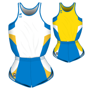 Completi gara Uomo da Running, traspirante Hi-Performance. Articolo A236+A336 colore Bianco-Azzurro-Giallo e Giallo-Azzurro-Bianco.