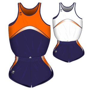 Completi gara Uomo da Running traspiranti Hi-Performance. Articolo A245+A345 una canotta con disegno "Boomerang" Arancione-Blu e l'altra Bianca con Boomerang Arancio-Blu. I pantaloncini gara sono blu-arancio.