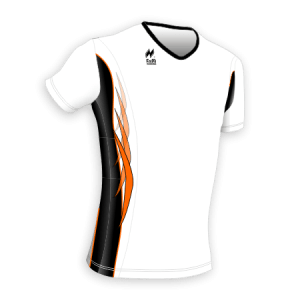 Maglia Aderente manica corta Slim-Fit per gara running Articolo a2670 modello (disegno) 2392 nel colore Bianco con Disegno Nero-Arancio.