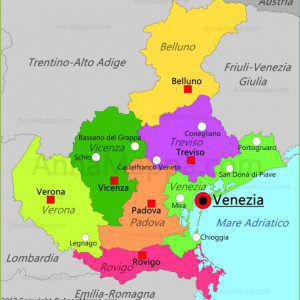 Immagine della regione Veneto con diverso colore per ogni provincia.