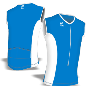 Maglia smanicata aderente slim-fit articolo A25Sky.MI disegno 200 per la Corsa in Montagna. Colore Bianco-Azzurro. Cerniera lunga anteriore, tasche elasticizzate posteriori a scalare e fondo allungato del corpo dietro.